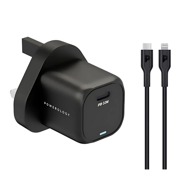 Powerology 33W GaN PD Charger with Type-C to Lightning Cable