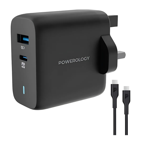 Powerology Dual Port Ultra-Quick GaN Charger (PD 45W with USB-C to USB-C 60W Cable)